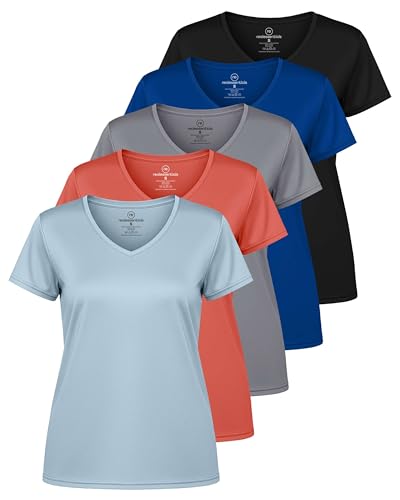 Real Essentials Women’s Dry-Fit V-Neck Workout Tops, 5-Pack