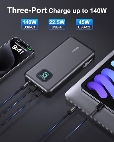 140W Power Bank, 25000mAh Laptop Portable Charger with Smart Digital Display, PD3.1 Fast Charging Battery Pack for MacBook Dell XPS iPad Tablet Steam Deck iPhone 17-12 Series Samsung Switch and More - Image 4
