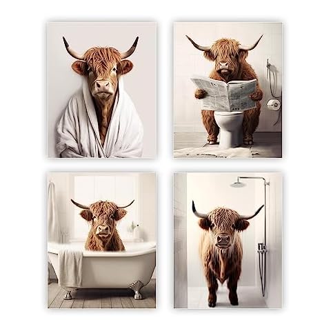 heilkee Funny Highland Cow Bathroom Decor Animal Bathroom Wall Art Brown Cattle in Bathtub Picture Rustic Farmhouse Style Posters Prints Cow in Toilet Decorations Set of 4(UNFRAMED 8x10in) Cover