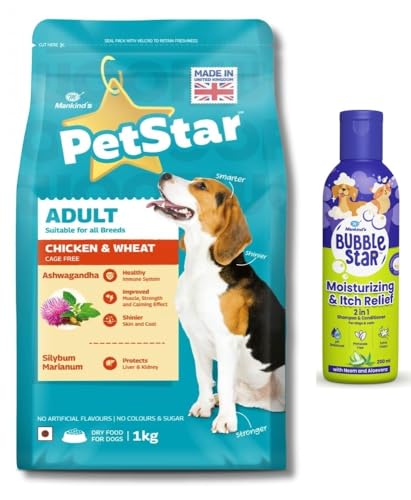 Image of Petstar Adult Dry Dog Food (High Protein) Chicken & Wheat Flavor, 1kg and Mankind BubbleStar Neem & Aloe Vera 2-in-1 Shampoo & Conditioner for Dogs & Cats,200 ml