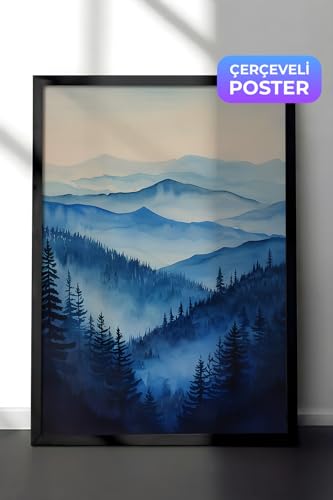Siyah Çerçeveli Duvar Tablosu Sisli Çam Ormanları ve Dağlar Doğa Manzarası Salon Dekoru, 50 x 70