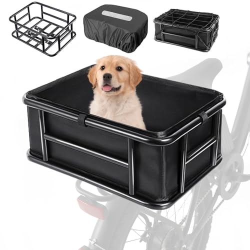 Lambolt Rear Rack Bike Basket for E-Bikes & Bikes - Heavy-Duty Bicycle Basket with Waterproof Liner, Cargo Net & Rain Cover - Great for Groceries, Dogs, Pets & Daily Commutes
