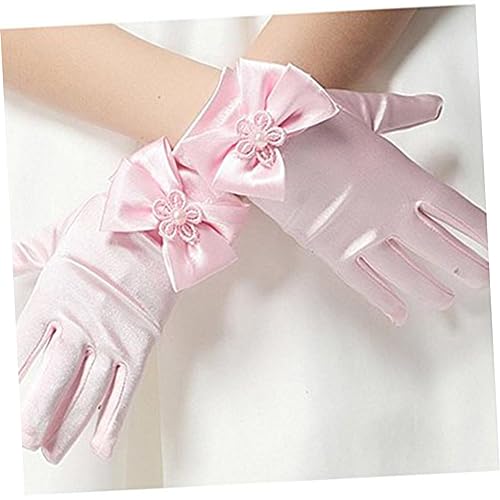 BESPORTBLE Flower Girl Lace Gloves Short Wrist Full Finger Mesh Bowknot Design Pink for Wedding Baptism Prom Party2