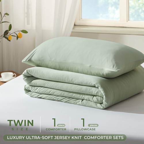 Image of Twin Comforter Set, Comforters Twin Size Bed Sets, Luxury Ultra-Soft Jersey Knit Bedding, Sage Green Lightweight Down Alternative Bed Comforter for All Season, 2 Piece Bedding Set