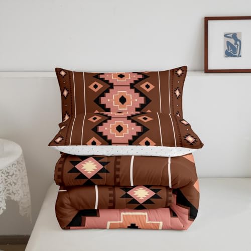 Image of Feelyou Boho Aztec Comforter Set All Season West Bedding Set with 1 Pillow Cases Brown Pink Microfiber Kids Twin Bedclothes Western Bedroom Decor Duvet Quilt Breathable Soft Lightweight