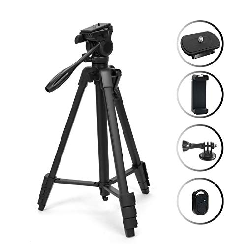 Phinistec 137cm Aluminio Trípode Móvil y Cámara para iPhone, Smartphone, Proyector, Gopro con Soporte de Telefono y Adaptador Gopro y Control Remoto Bluetooth (Negro Mate)
