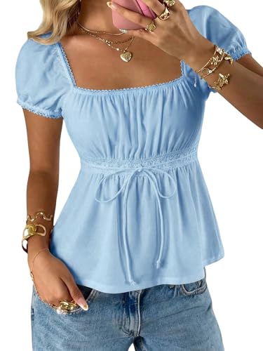 SOLY HUX Women's Short Sleeve Babydoll Tops Cute Summer Blouse Light Blue