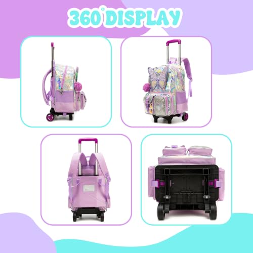 Image of HTgroce Kids Rolling Backpack for Girls Backpack with Wheels 3pcs Rolling Backpacks for Kids, 16.5 inch Roller Backpacks for Girls with Lunch Box Pencil Case