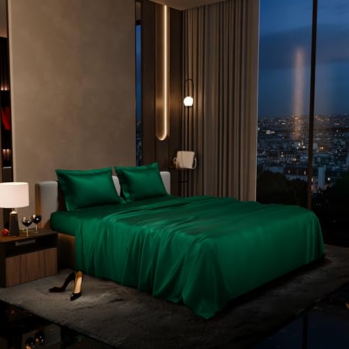 Stoa Paris Satin Bedsheet King Size with 2 Pillow Covers, 300TC Premium Bedsheets King Size, Home Decor,Ultimate Comfort, 274 cm x 228 cm,Date Night - Emerald Green