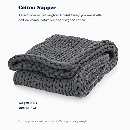 Image of Bearaby Cotton Hand-Knit Weighted Blankets for Adults - Chunky Knit Blanket - Sustainable, Breathable, Organic, Cooling Weighted Blanket - Machine Washable (Asteroid Grey, 15 lbs, 40 inchx72 inch)