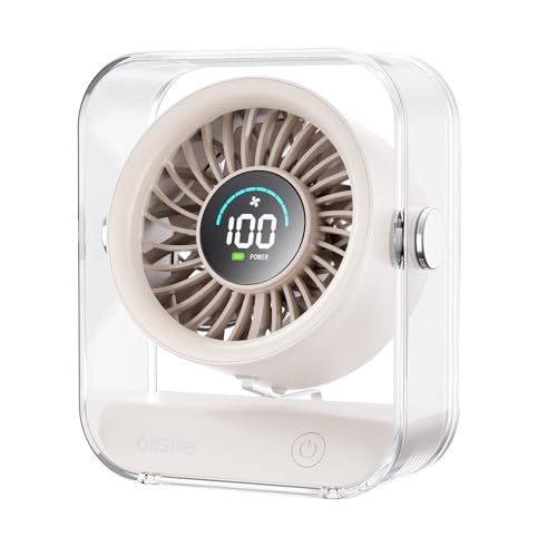Basike Ventilador de Mesa Mini com Display Digital, 100 Níveis de Velocidade Portátil Bateria 5000mAh de 7h, Anjo Ajustável 60°, Silencioso para Casa, Escritório e Viagens (Branco Areia)