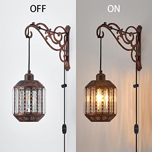Image of Black Farmhouse Lantern Hanging Lamp Plug in Wall Sconces Set of Two,Boho Dimmable Glass Wall Mounted Lights Plug in Hanging Wall Lamps Rustic for Bedrooms Bedside Living Room