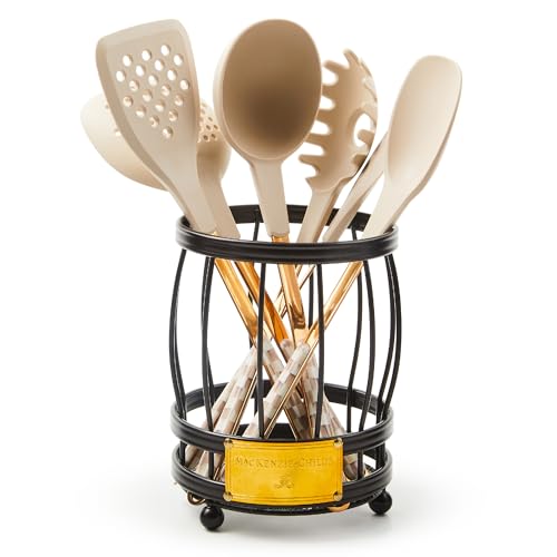 MACKENZIE-CHILDS Utensil Caddy Set with Kitchen Utensils, Brown-and-White Mocha Check - Best Utensil Holders