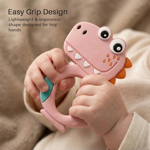 Image of Baybee Silicone Baby Teether for Teething Gums, Manhattan Teething Rattle Toy with Loops Ring, 100% Food Grade Silicone & BPA Free Teether Toy for Babies, Chew Teether for 6 to 12 Months (Dinosaur Pink)