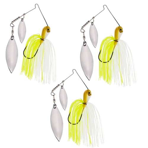 Reaction Tackle Spinner Bait, Compact Profile Fishing Lure with Flash and Vibration for Bass, Trout, Pike, Salmon and Walleye - 1/2 Oz White Chartreuse (3-Pack)