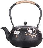 TYAGY Gusseiserne Teekanne, Teekessel 1200ml Großes Fassungsvermögen Tetsubin Chinesische Pflaumenblüte & Elster Muster Gusseiserne Teekanne Mit Filter (Schwarz)
