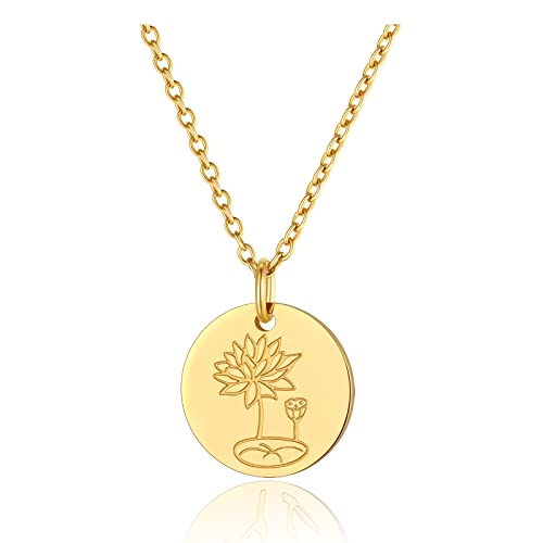 FindChic Birth Month Flower Necklaces for Women July Lotus Guardian Floral Disc Pendant 18K Gold Plated Dainty Round Coin Medal Jewelry Birthday Gifts for Mom