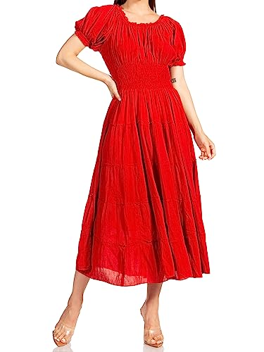 Image of Sakkas Cotton Crepe Smocked Peasant Gypsy Boho Renaissance Mid Length Dress