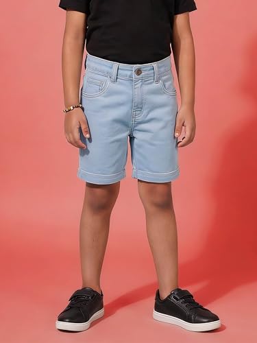 Image of KiddoPanti Boys Knee-Length Denim Shorts | Stretchable Cotton Poly Denim | Comfortable Fit with Button Elasticated Waistband & Zip Fly