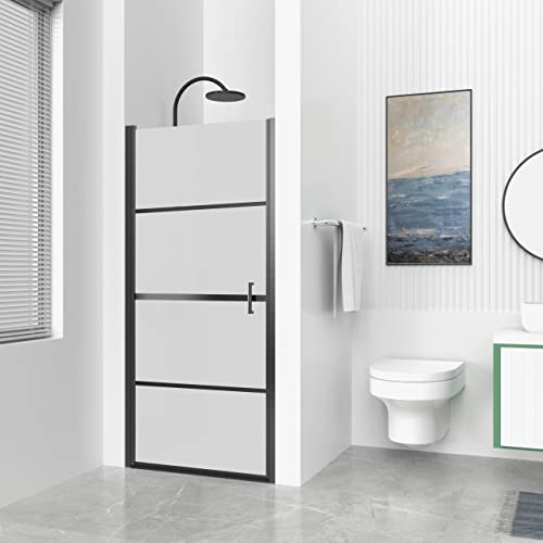 Goodyo Frameless Hinged Shower Door, 34 in. W x 72 in. H Swing Shower Door Frosted Tempered Glass, Matte Black - Thumbnail 2