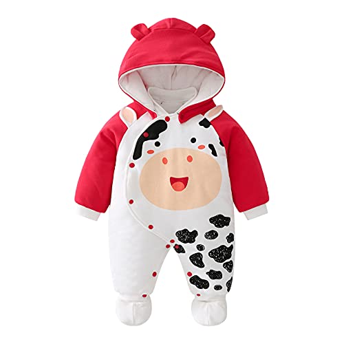 JinBei Bébé Combinaison Barboteuse à Capuchon Fille Garçon Hiver Combi-Short Manches Longues Rouge Vaches Grenouillère Nouveau-né Salopette Body, Sweat à Capuche Unisexe Pyjama Manteau 0-3 Mois Cover
