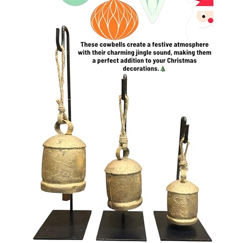 Vintage-Style Rustic Handmade Christmas Jingle Cowbells with Metal Stand Set of 3 Farmhouse Holiday Decor, Perfect for Christmas Decorations, Gift, and Home Accents by BELLUXE - Image 2