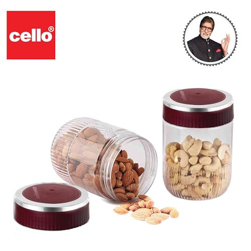 Image of CELLO Mint Storage Canister For Kitchen Set of 2, (750 ml x 2), Maroon | Food Grade, Stackable, See Through |Nestable Storage Pet Container with Lid for Food, Pulses, Spice, Cereals, Cookies, Dry Food
