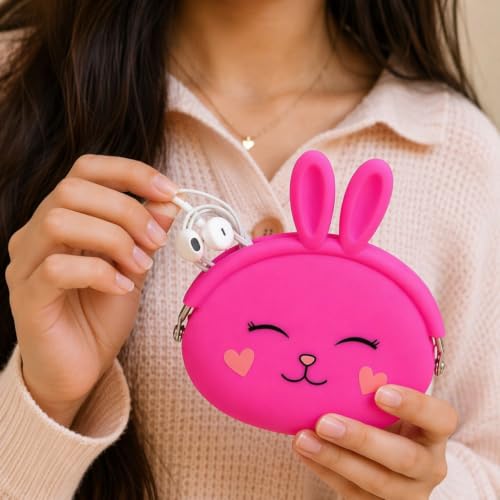Image of FunBlast Cute Bunny Shape Silicone Coin Purse for Kids & Adults - Mini Pouch for Coins, Earphones, Keys & Small Essentials, Aesthetic Pouches for Girls & Women - 12 X 9.5 X 3 Cm (Bunny-Dark Pink)