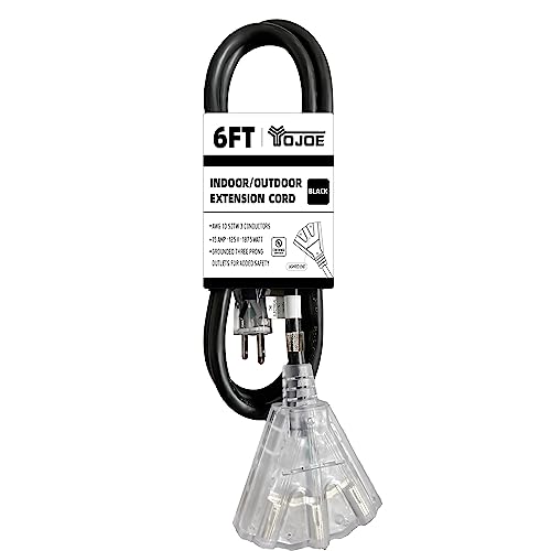 YOJOE 6 Foot 10/3 Lighted Outdoor Extension Cord with 3 Power Outlets - 10 Gauge 3 Prong SJTW Heavy Duty Black Extension Cable with 3 Prong Grounded Plug for Safety,UL Listed