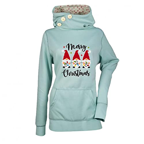 Reokoou Women s Cowl Neck Hoodie Thermal Hooded Sweatshirts Merry Christmas Print Loose Pullover Tops with Pocket
