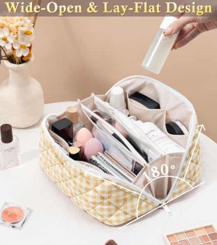 Image of Travel Makeup Bag, Large Capacity Puffy Toiletry & Cosmetic Bag for Women | 3 PCS Open Flat Quilted Makeup Cosmetic Organizer, Waterproof w /Clear Divider Portable Pouch for Skincare Travel Essentials