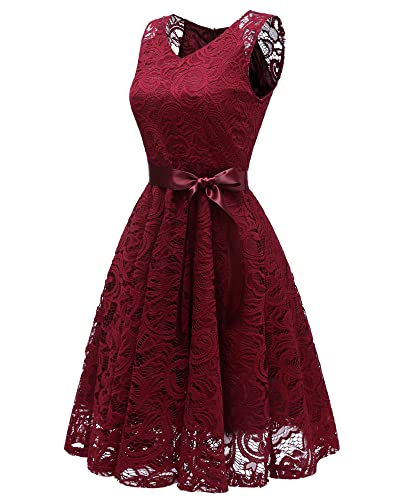 Easyoyo Vestido feminino sem mangas elegante com cinto para coquetel swing vintage evasê de renda, W