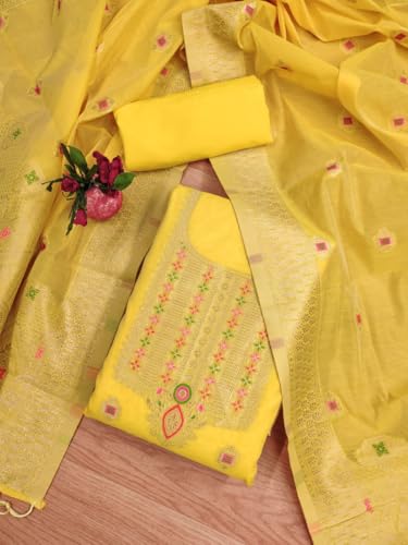Image of Chanderi Suit Vol 5 | Pure Chanderi Banarasi Silk (3m) | Soft Cotton Bottom (2.5m) | Woven Chanderi Banarasi Silk Dupatta (2.3m) with Tassels, Unstitched Material, Fits up to 60 inch, Length 48