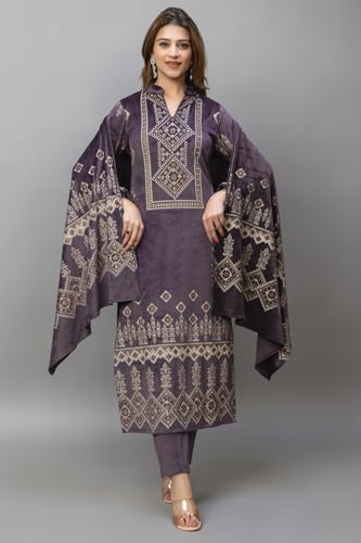 Image of HIFZAA velvet kurta palazzo set with dupatta for womens printed winter wear suit M to 4xl