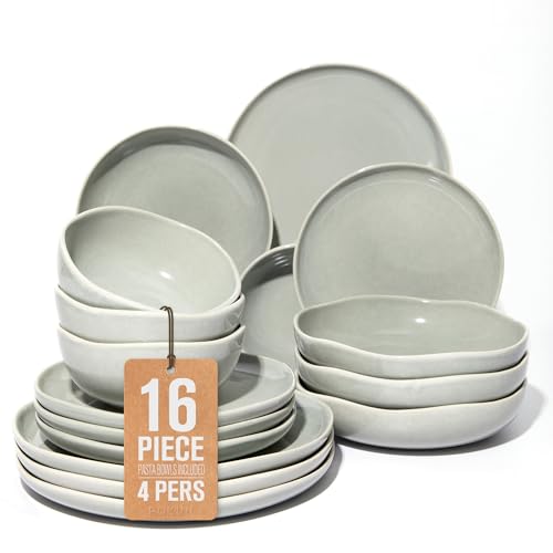 Image of Plates and Bowls Sets, 16 Pieces Dinnerware Set for 4 with Pasta Bowls, Handmade Dishes Set, Chip Resistant Dishware Sets, Microwave Safe Dinner Set, Designed for Interactive Meals, Gray Green