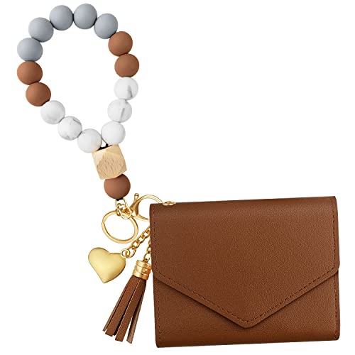 Elastic Silicone Beads Wristlet Keyring With Card Pocket Beaded Keychain Bracelet Wristlet Wallet (Brown) #TOP22