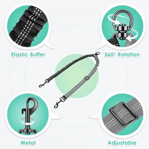 OUDQFCJ Doppelte Hundeleine Verwicklungsfreier Doppel-Hundeleinen-Koppler Kein Verheddern 360° Drehbare Reflektierende Kabelbefestigung für Kleine Mittelgroße und Große Hunde Welpen (Schwarz+Grau)