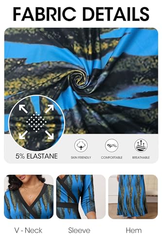 Image of FANDEE Maxi Dresses for Women Long 3 /4 Sleeve Flowy Casual V Neck Empire Waist Dress with Pockets Blue Stripe