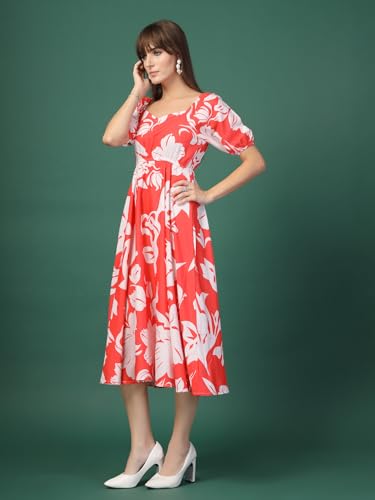 Image of OOMPH! Below Knee Shift Pink Dress in Crepe Fabric with Round Neck and Puff Sleeves - md619l