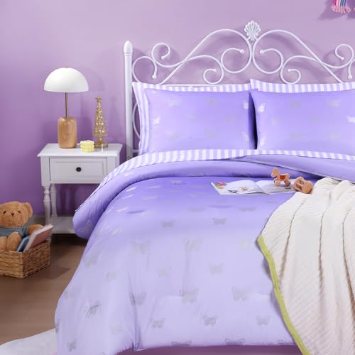 Full Size Comforter Sets with Sheets for Girls-7 Pieces Full Size Bedding Sets with Purple Comforter, Sheets, Pillowcases & Shams for Kids (Purple Butterfly, 76" X 86")