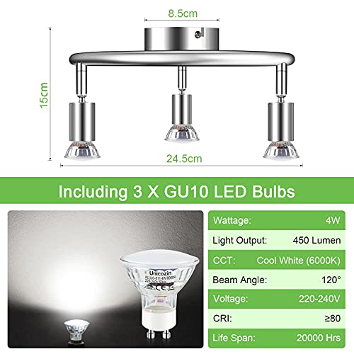 Unicozin LED Ceiling Light Rotatable, 3 Way LED Ceiling Spotlight, Chrome & Swivelling Design, Including 3 X 4W GU10 LED Bulbs (450LM, Cool White 6000K),for Kitchen, Living Room, Bedroom - Image 3