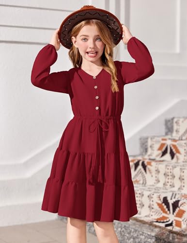 Arshiner Tween Girls Dresses Fall Long Sleeve V Neck Waist Tie Ruffle Tiered Swing Skater Dress3