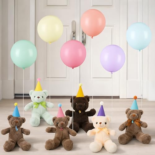 Civaner 12 Pcs Mini Party Hats and Balloons for Stuffed Animals Felt Birthday Party Hats and 12 Balloons Ribbon for Dolls Dog Cat Rabbit Puppies Decor(Pastel Macaron Color 3.94 X 2.36)