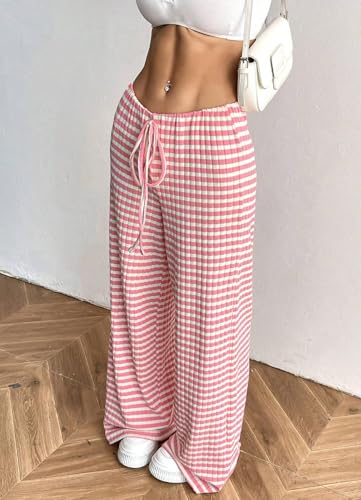 Image of Women's Casual Checkered Pants Drawstring Elastic Waist Comfy Loose Straight Wide Leg Plaid Pants with Pockets