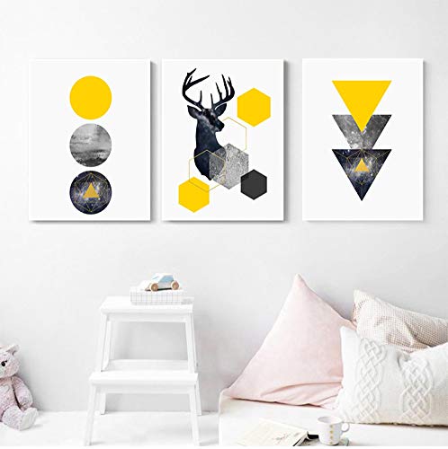 Tableau cerf géométrique étoilé pour salon scandinave triptyque de toiles murales 50x70cm