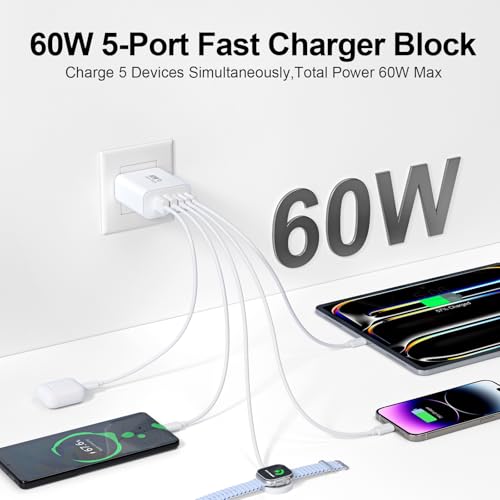 Image of USB C Charger Block, 60W 5-Port Type C Charger Fast Charging Blocks | USBC Multiple Port Wall Charger Plug for iPhone 17 /16 /15 /14 /13 /12 /11 Pro Max, Samsung Galaxy, Android Phone, iPad (White)
