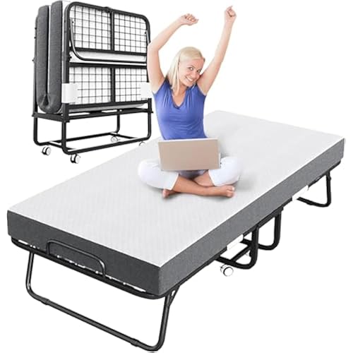 Folding Bed with Mattress, Portable Rollaway Bed for Adults - Foldable Cot Size Bed Frame with 5" Memory Foam Mattress and Storage Cover, Guest Day Bed with Metal Fold Up Bed on Wheels, 75"x31"