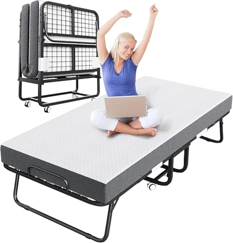 CAIYUN rollaway folding bed with metal frame and wheels — shows the off-the-floor sleeping height