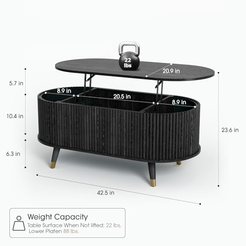 Image of JOINICE Oval Lift Top Coffee Table with Storage for Living Room,43 inch,Black | Large Hidden Storage,Modern Fluted Panel,Pop Up Center Table with Wooden Legs,Lifts to 22.4 inch,Holds 88lbs,Easy Assembly
