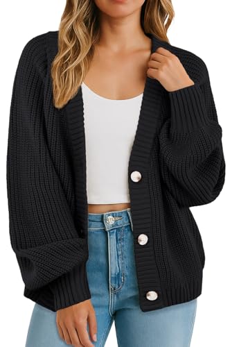 GRECERELLE Women's Chunky Open Front Long Sleeve V-Neck Button Knit Loose Cardigan Sweater Outerwear, S-2XL